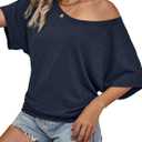 Hilinker Womens Sexy Off The Shoulder Tops Short Batwing Sleeve T Shirt Oversized Casual Tee Navy Blue Small (Blue, S)