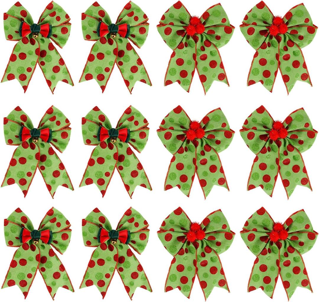 12 Pcs Green Polka Dot Christmas Bows, 5 Inch Red Green Dots Bow for Christmas Tree Topper, Ornaments for Tree Home Coquette Room Birthday Party Front Door Wedding Holiday Decor