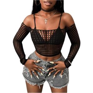Floerns Women's Hollow Out Mesh Long Sleeve Crop Tops Off The Shoulder Y2k T Shirts (Black)