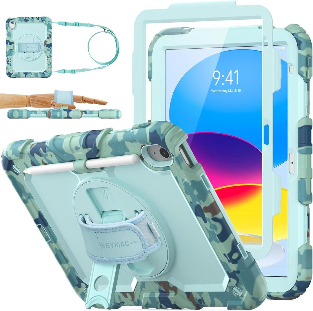SEYMAC stock Case for iPad (A16) 11th/10th Generation 11''/10.9'' 2025/2022, Full-Body Drop Protection Case with Screen Protector &360 Rotate Hand Strap/Stand, SkyBlue Camo