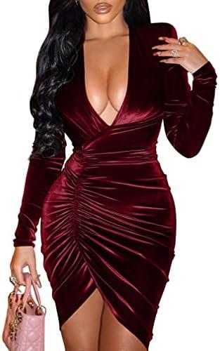YMDUCH Women's Sexy Long Sleeve V Neck Ruched Bodycon Wrap Cocktail Club Mini Dress XL