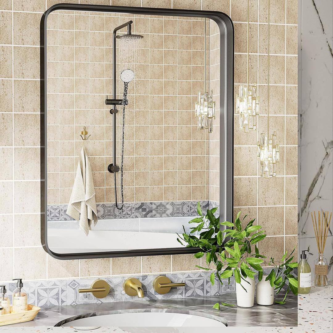 NEWBULIG Bathroom Mirror,24" x 36" Wall Mounted Mirror,Matte Bathroom Vanity Mirror,Rounded Rectangle Mirror,Explosion-Proof Tempered Glass,Aluminum Alloy Framed,Hangs Horizontally or Vertically,Black