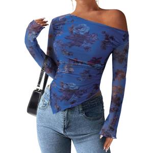 PRETTYGARDEN Womens Fall Trendy Off Shoulder Y2k Tops 2025 Tie Dye Mesh Long Sleeve Shirts Asymmetrical Ruched Floral Blouse (Medium)