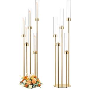 Garvee 2PCS 42.5In 5 Arm Gold Floor Candelabra, Tall Metal Candle Centerpieces for Tables with Acrylic Lampshade for Wedding, Birthday Party, Home Decoration, Christmas, Fit LED 0.82'' LED Candle
