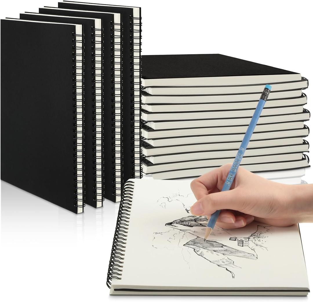 Gueevin 12 Pack Sketch Books Bulk 7.5" x 10" Spiral Bound Sketch Pads for Drawing Hardcover 60 Sheets Bulk Sketchbooks for Artist Adult Art Supplies Pencil Pastel,100gsm (Black)