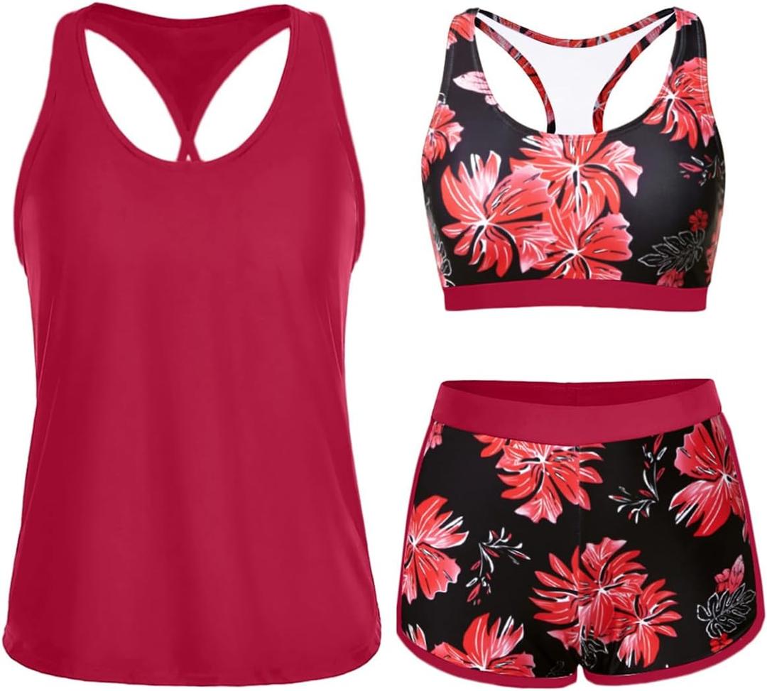 Yonique 3 Piece Athletic Tankini Swimsuits for Women with Shorts Swim Tank Tops with Sports Bra and Boyshorts Bathing Suits (Large, Red Floral)