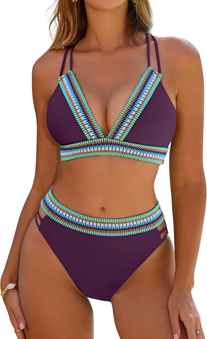 Blooming Jelly Womens High Waisted Bikini Sets Color Block Two Piece Swimsuit V Neck Crisscross Back Bathing Suit (Large, Purple)