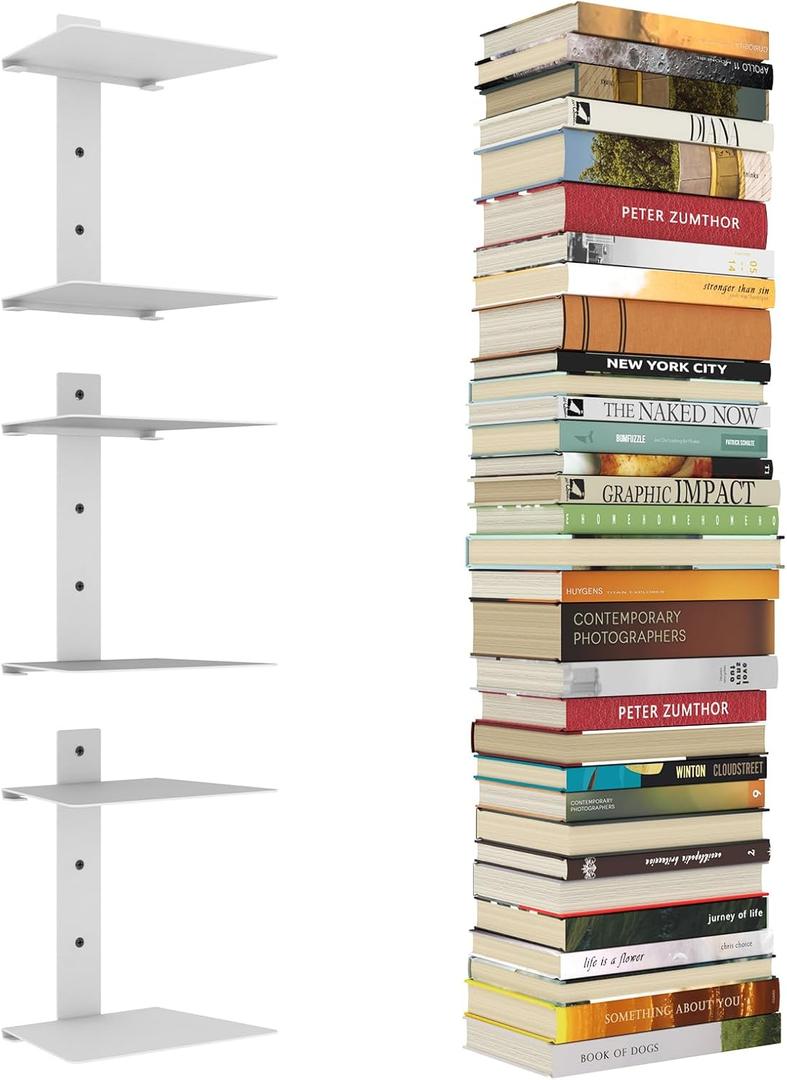 Invisible Floating Bookshelves for Wall, 6 Tier Vertical Spine Book Tower, Heavy Duty Floating Book Shelves Metal Book Organizers for Home Office, 3 Pack(White)