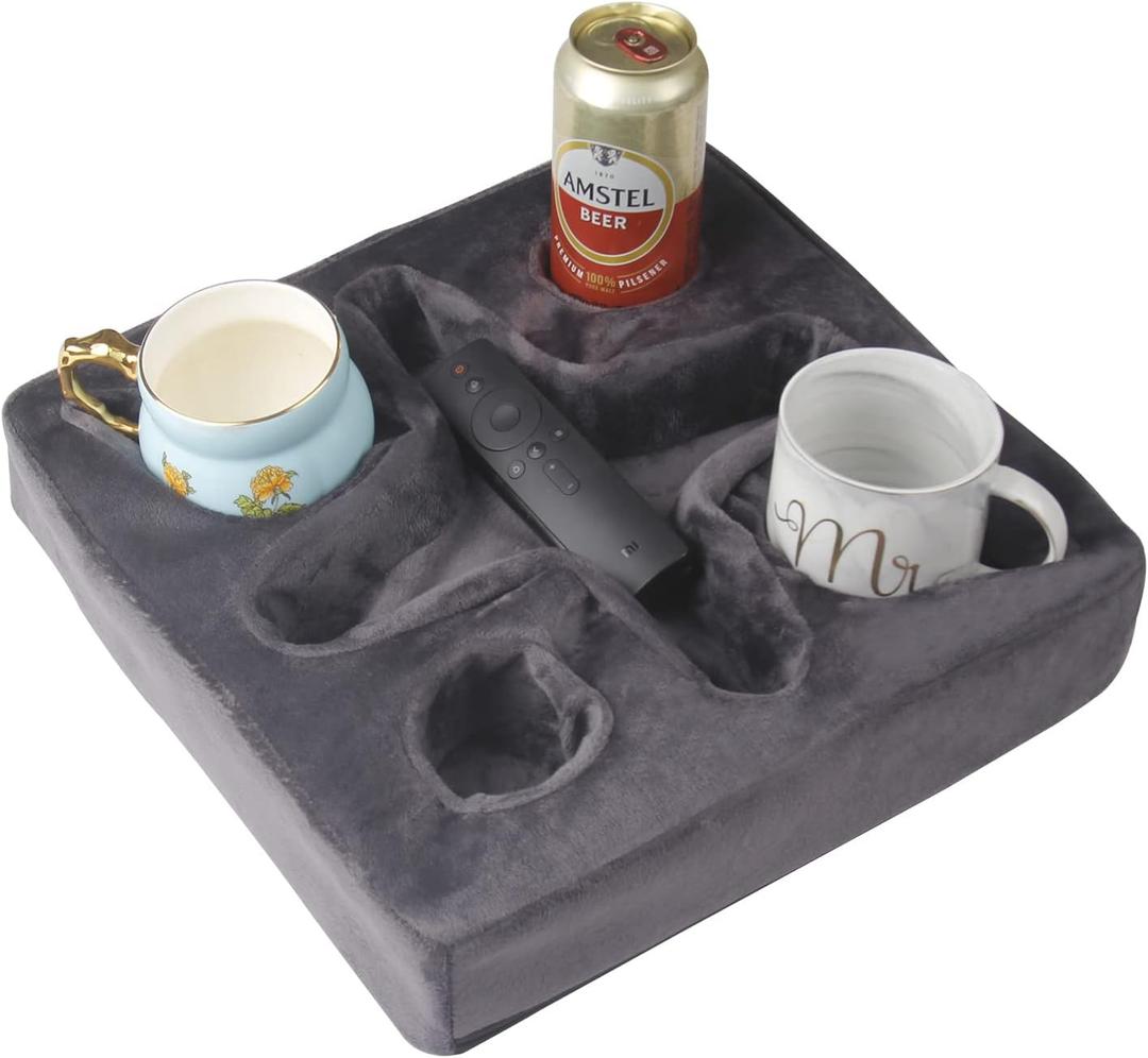 Couch and Bed Cup Holder Pillow, Sofa Refreshment Tray for Drinks/Remote Control/Snacks Holder (Gray)