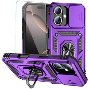 SunStory Phone Case for iPhone 16 Case with HD Screen Protector & Slide Camera Cover & Rotated Ring Kickstand, [Military-Grade] Phone Case for iPhone 16 6.1" (Purple)