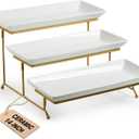 LAUCHUH Large 3 Tier Serving Stand Tiered Serving Trays Collapsible Sturdier Rack with 3 Porcelain Serving Platters for Fruit Dessert Presentation Valentine's Day Christmas Party Display Set, 14 Inch (Gold)