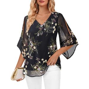 Bebonnie Womens Ruffle 3/4 Sleeve V Neck Double Layers Chiffon Blouses Dressy Tunic Tops (Black, M)