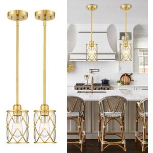 Brushed Gold Pendant Lights Kitchen Island, 2 Pack Brass Glass Pendant Light Fixture Farmhouse Cage Hanging Lighting with Rod for Kitchen Island Sink Bathroom, CH9176BG-2PKG