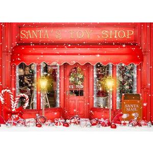 DePhoto Red Christmas Photo Backdrop Santa's Toy Shop Candy Cane in Snow World Xmas Family Holiday Party Banner Photography Background Supplies Decor Studio Prop PGT673A 7x5ft