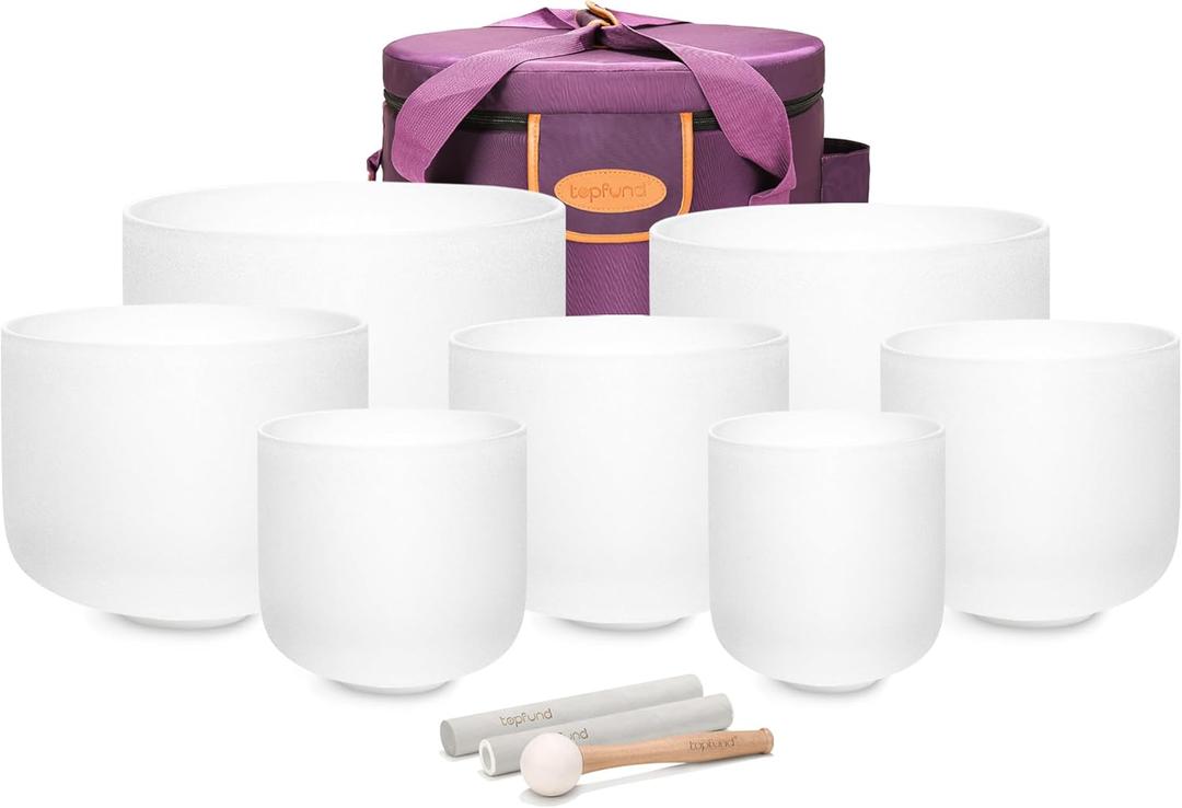 TOPFUND 6-12 inch Chakra Set of 7 Crystal Singing Bowls with Heavy Duty Carrying Case and Singing Bowl Mallets
