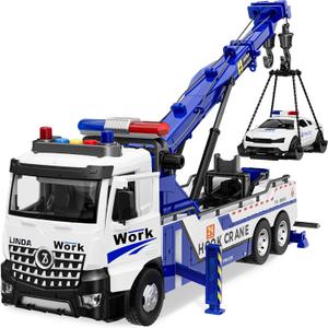 Crane Tow Truck Toy for Car Truck Rescue Police Pickup Road Clearance Vehicle Construction Vehicles Lights Sounds Christmas Birthday Easter Gift for Kids Boys 3 4 5 6 7 8 Years Old Double Hook