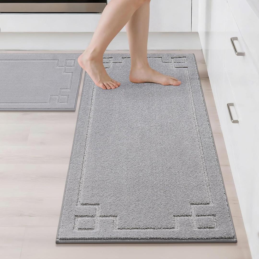 BEQHAUSE Kitchen Rugs Non-Slip Washable [2 PCS], Machine Washable Kitchen Mats Absorbent Soft Kitchen Runner Rugs for Floor,Sink,Hallway,Laundry,20x32+20x48, Grey