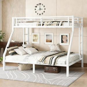 Twin XL over Queen Metal Bunk Beds for Kids Teens Adults, Heavy-duty Metal Bunk Bed Frame with Guardrails, Ladders & Under-bed Storage for Bedroom Guest Room Dorms, Space-saving/Noise-reduce, White