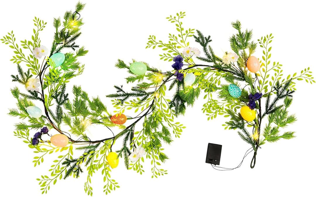 6FT Easter Garland with LED Lights, Artificial Spring Vine Branches, Floral Decorated Eggs and Flower Simulation Suitable for Holiday Parties, Mantle or Fireplace Decoration, Indoor Outdoor Use.