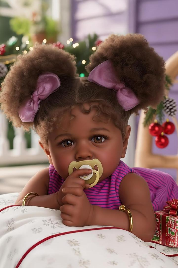 JIZHI Reborn Baby Dolls Black  22 Inch Lifelike Soft Body RealisticNewborn Baby Dolls Taupe Eyes Caramel Skin Tone Pink Striped Skirt Real Life and Toy Accessories Gift for Kids Age 3