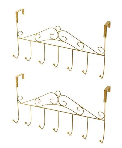 eywlwaar Gold Over The Door Hooks 7 Hanger Rack Heavy Decorative Metal Rack for Home Use Hats Coats Key Bag Clothes Scarfs Hooks (2 pack, Golden)
