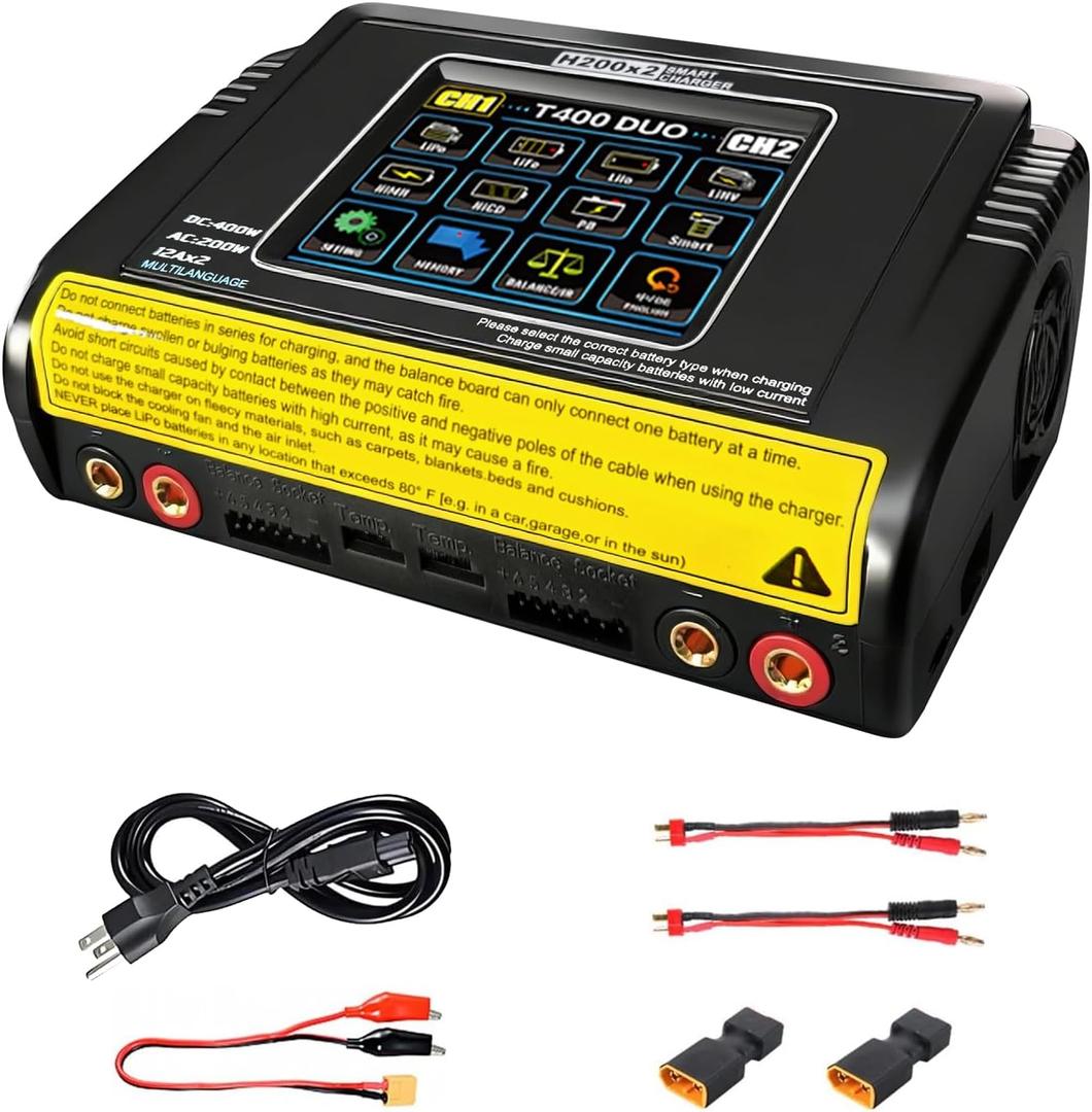 LiPo Battery Charger Dual RC Battery Charger Discharger Touch Screen Fast Balance Charger AC 200W DC 400W 12A for 1-6S LiPo LiHV Li-ion Life 1-15S NiCD NiMH PB Smart Batteries, RC Car Drone Boat