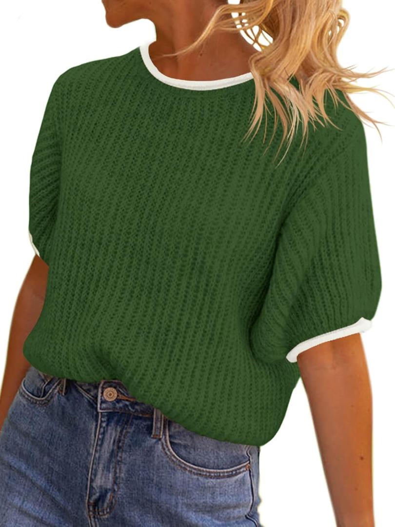Saodimallsu Womens Puff Short Sleeve Sweater Tops Spring Summer Color Block Ribbed Knit Crew Neck Going Out Shirts (Green, L)