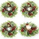 4 Pcs Mini Christmas Candle Rings Wreaths Artificial Christmas Kitchen Cabinet Holder Wreath 3 Inch Red Berry Norfolk Pine Winter Wreath for Pillar Xmas Front Door Window Chair Wall Decor Table Center