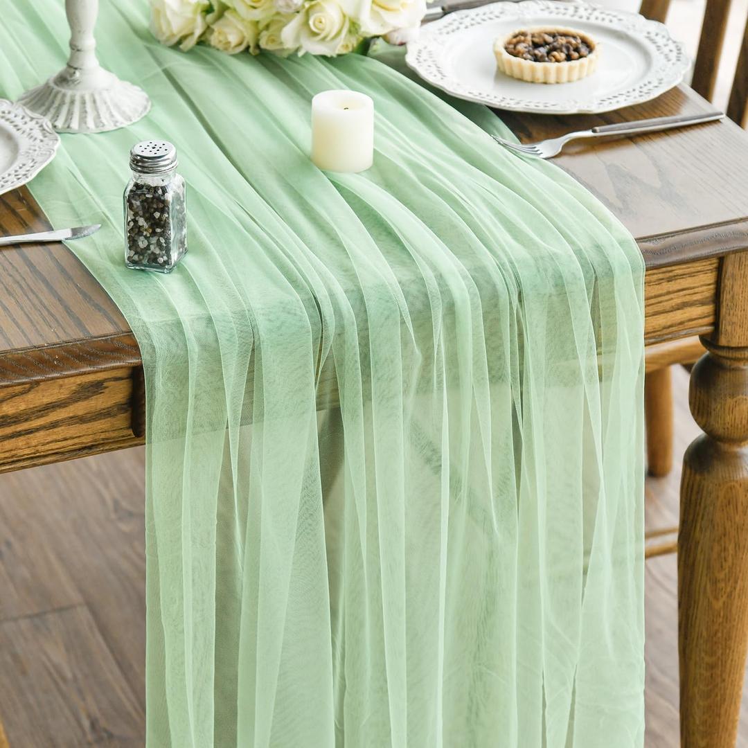 Artoid Mode Light Green Gauze Table Runner 120 Inch 10FT, Seasonal Sheer Kitchen Dining Holiday Wedding Birthday Baby Shower Table Decor for Home Party (59" x 120")