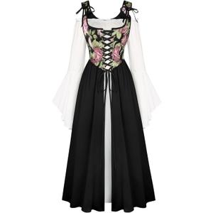 Scarlet Darkness Women Renaissance Dress Peasant Medieval Dress Bell Sleeve Maxi Fairy Dress (Black, 12)
