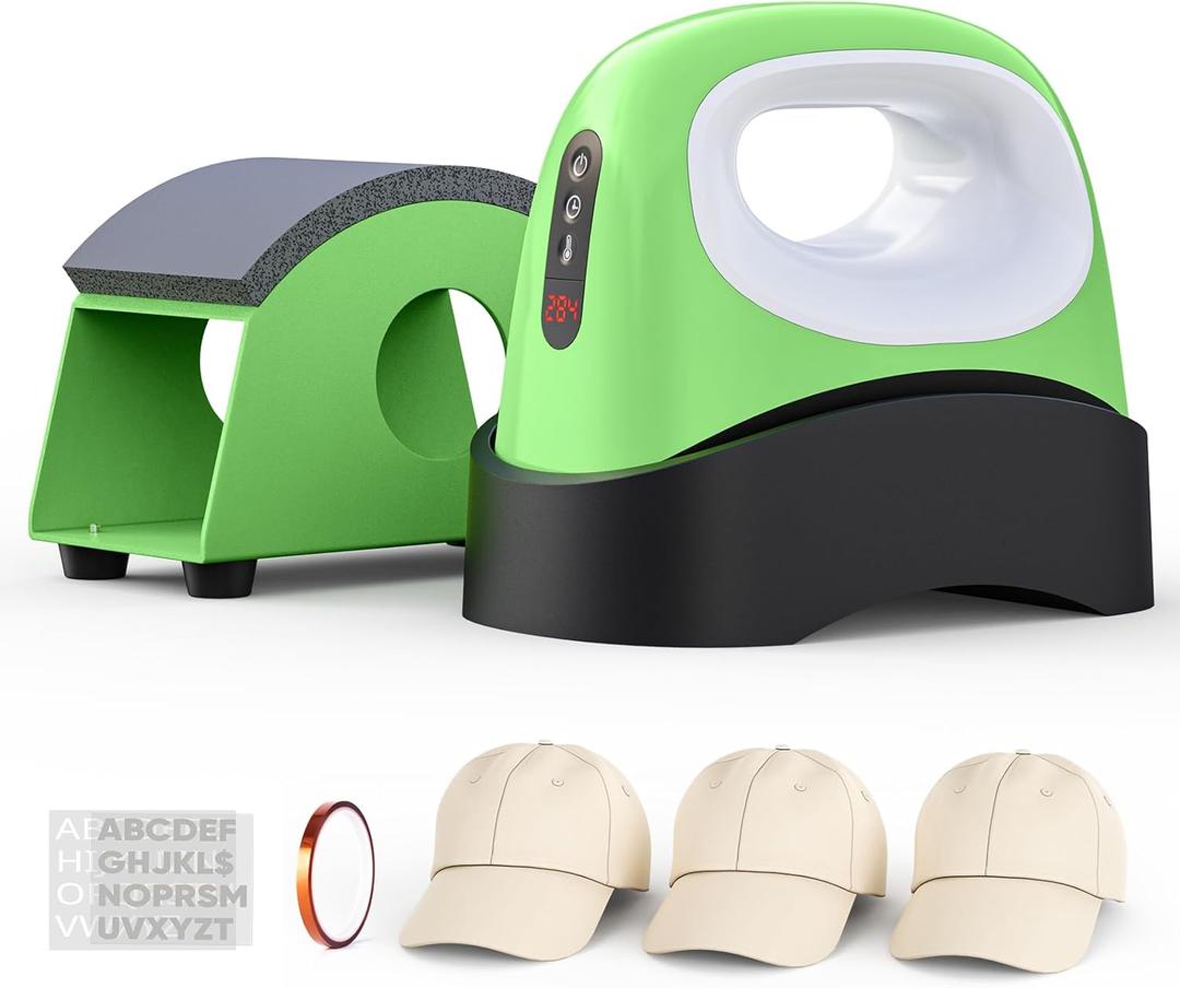 Hat Heat Press Machine, Alldeer Handheld Hat Press with Digital Display, Free Temp and Time Adjustment, 3 Hats, 2 Stickers, Tape, Hat Press Heat Machine for Caps/Canvas Bag, Heat Transfer (Green)