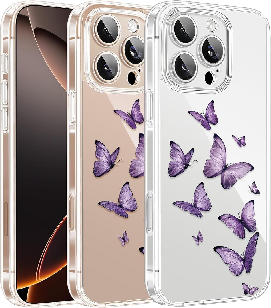 Cute Girly Crystal Clear Case Compatible with iPhone 16 Pro, Camera Control & Shockproof Protection Floral Case for Women, Black-Purple Butterflies