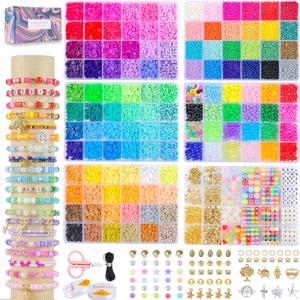 OCCALONG 6 Box Set Friendship Bracelet Making Kit - 13000 Pcs, DIY Jewelry Making Set - Includes Clay, Seed, Pony Beads, Charms, and String (Pastel Waves)