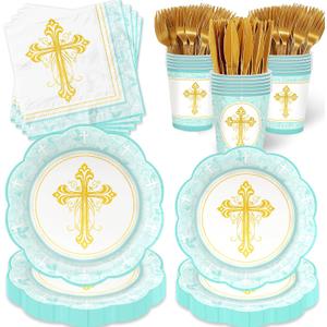 First Communion Decorations Baptism Plates and Napkins Serves 25, First Holy Communion Party Supplies God Bless Religious Christening Ceremony Baptism Decorations