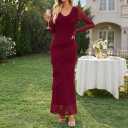 MEROKEETY Women's Fall Cowl Neck Mesh Maxi Dress Ruffle Wedding Guest Dress (Red, S)