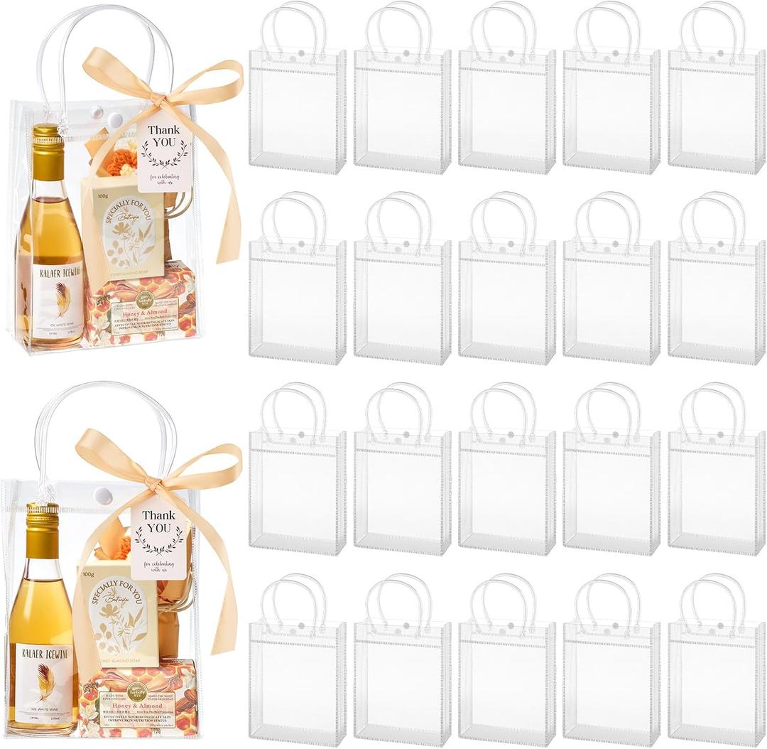 mauproy 24 Pack Clear Plastic Gift Bags with Handles, Party Favor Bags with Ribbons and Tags, Reusable Goodie Tote Bags for Wedding Baby Shower Mother's Day (5.9 x 7.9 x 2.8")