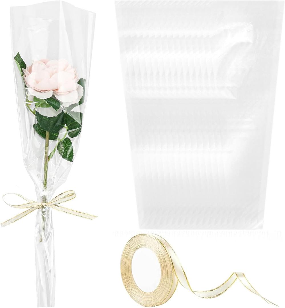 Hipruict 100 Pcs Single Flower Sleeve, Clear Floral Bags For Bouquets with Ribbon, Single Rose Packaging for Wedding, Birthday, Mothers Day, Valentines Day