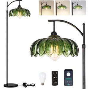 Glass Floor Lamp for Living Room,Bedroom,Gold Dimmable Standing Lamp with Remote,Mid Century Modern Brass Tall Lamp Boho Vintage Retro Floor Lamps Arc Green Flower Floor Light Lamp Bohemian