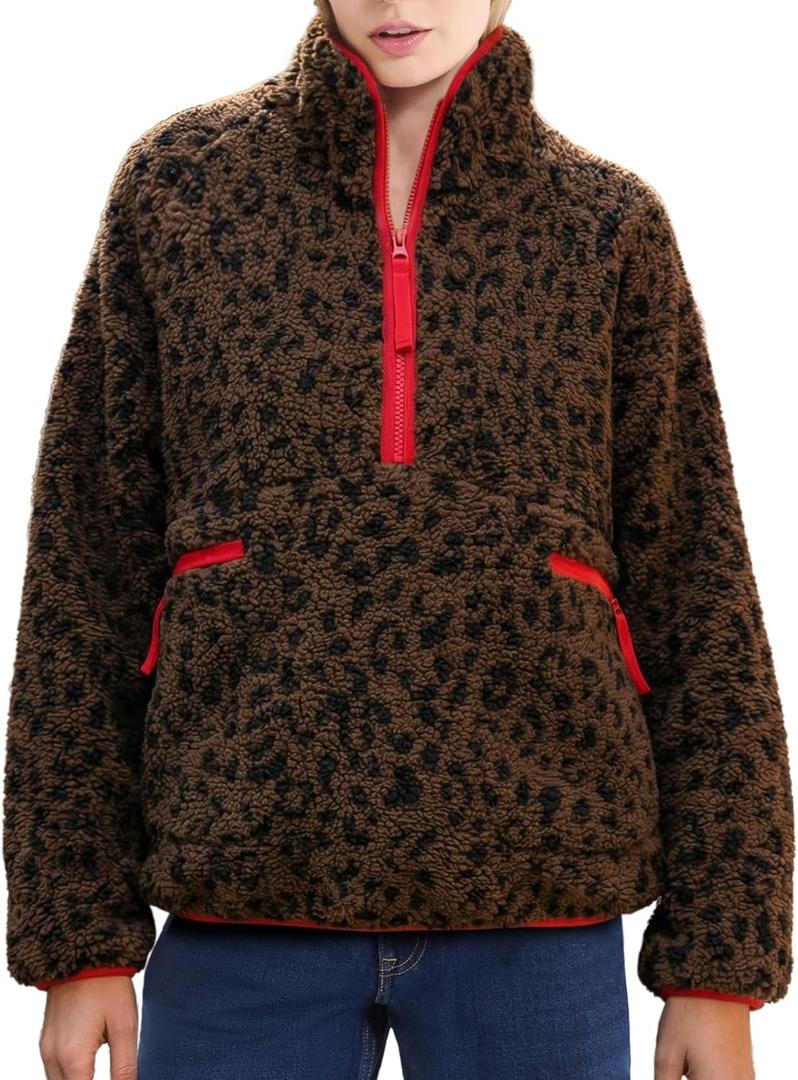 Ainangua Fuzzy Half Zip Fleece Jacket Women Long Sleeve Sherpa Pullover Sweatshirt Casual Warm Winter Chunky Teddy Outerwear (Medium, Leopard)