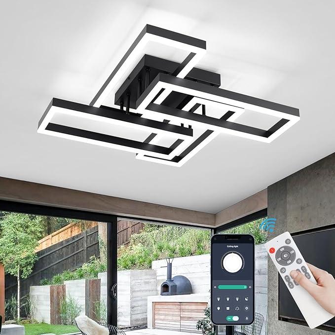 EIDISUNY Modern Led Ceiling Light for Living Room,Black Flush Mount Ceiling Lights with Remote Control&APP，3000-6500K Dimmable, 54W Acrylic Ceiling Lamp for Bedroom Kitchen Dining Room