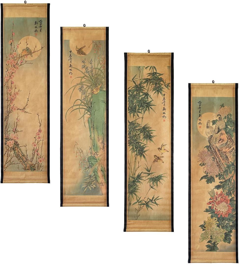 Wall Scroll Hanging Painting Decor, Chinese Traditional Art Set of 4 Vintage Flower Paintings Ancient Painting Replica, Plum Orchid Bamboo Chrysanthemum