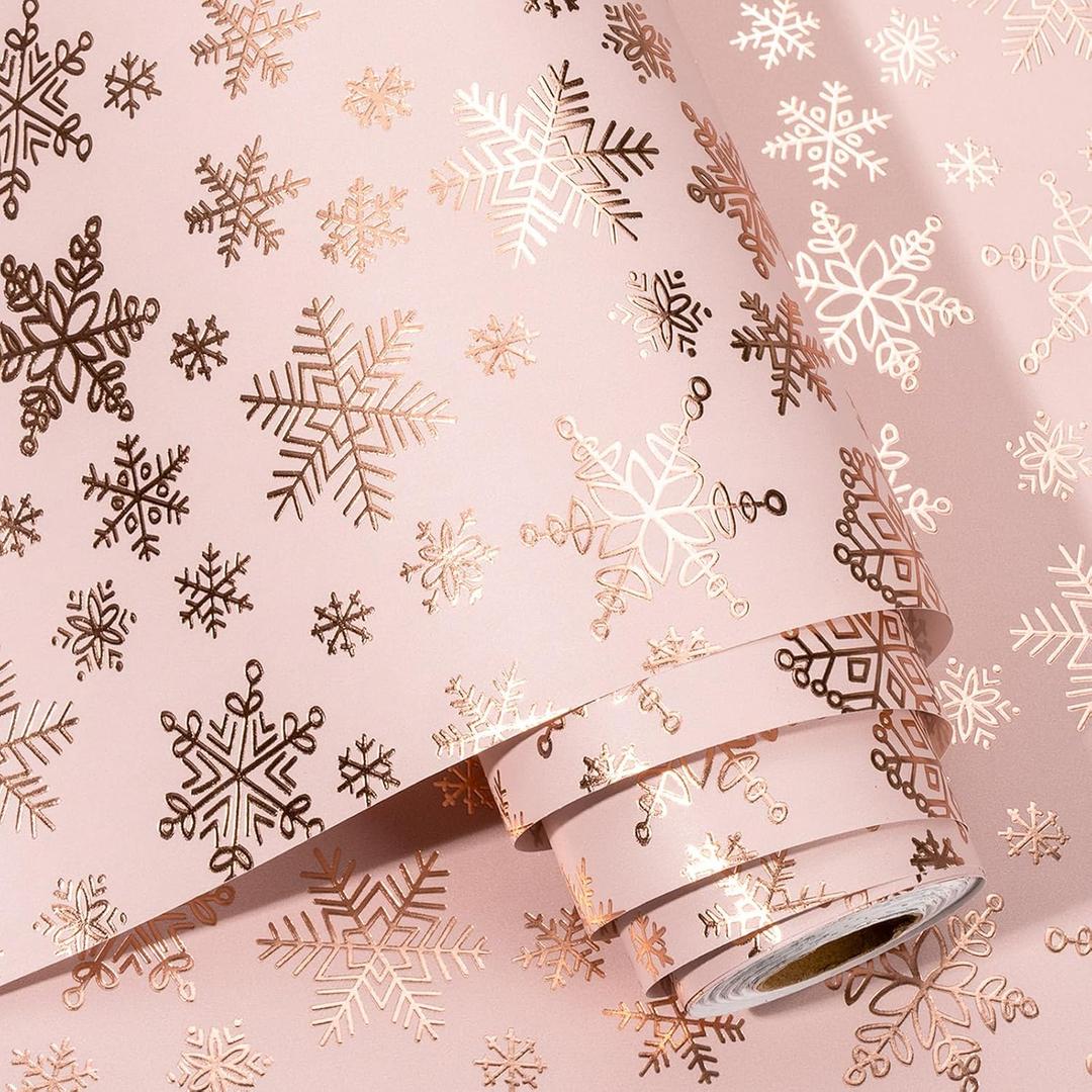 Burymento Christmas Wrapping Paper, Pink Stereo Hot Rose Gold Snowflake Design Gift Wrapping Paper Suitable for Christmas, Mini Roll (17 Inch X 32.8 Feet)
