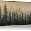 Framed Large Misty Forest Landscape Canvas Wall Art Green Pine Tree and Foggy Mountains Scenery Picture Wall Decor Abstract Nature Woodland Poster Oil Painting Print Artwork for Living Room Bedroom Office, 48"L x 24"W