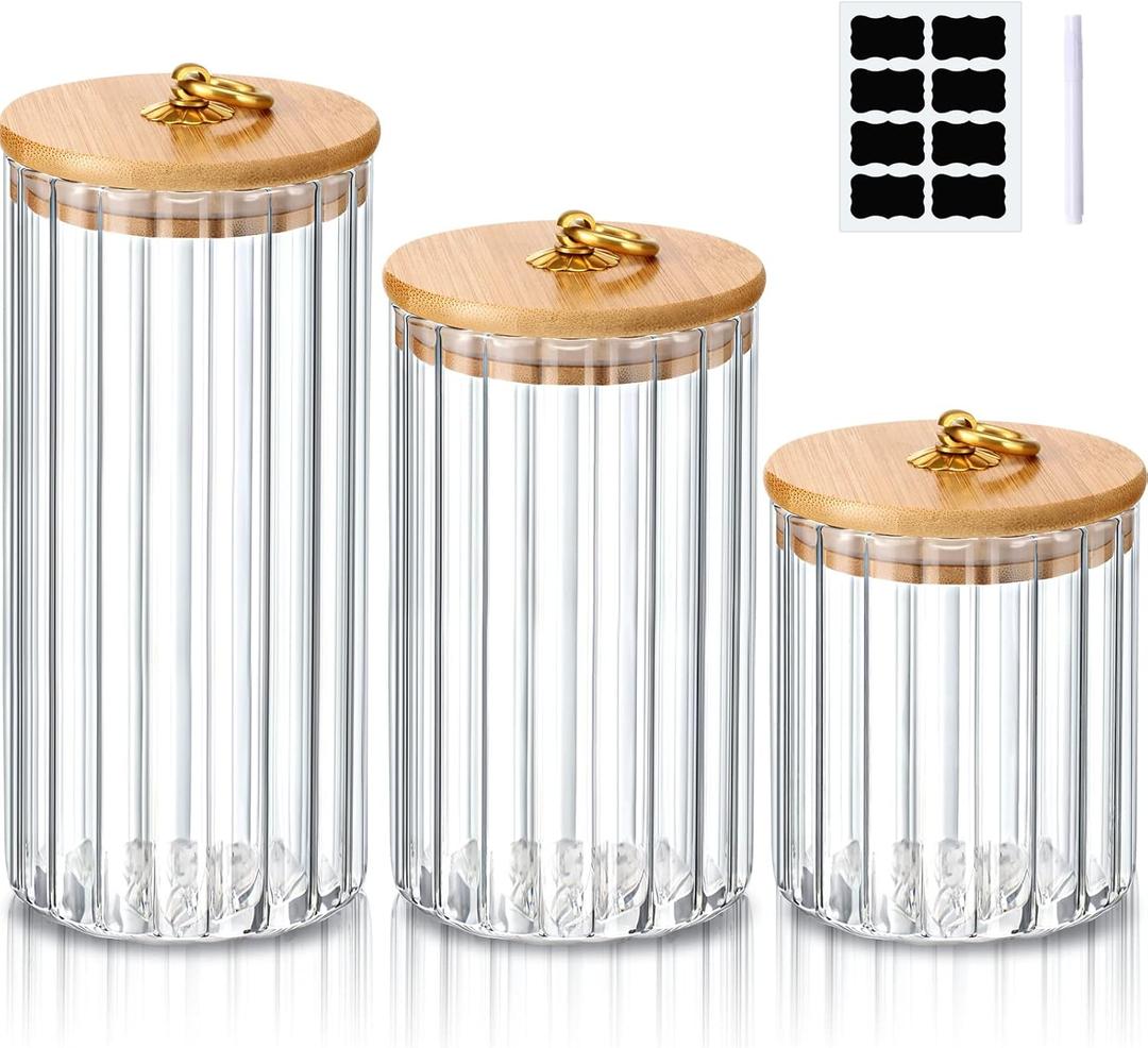 Gerrii 3 Pcs Glass Storage Jars Decorative Coffee Bar Container Kitchen Glass Canister with Airtight Bamboo Lid Metal Ring, Black Labels and Whiteboard Marker for Storage Sugar Candy (19, 29, 39 oz)
