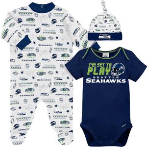 Gerber NFL Baby Boys' 3-Piece Bodysuit, Sleep 'n Play, & Cap Set (Blue)