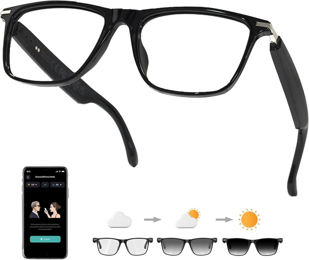 AI Smart Glasses, Bluetooth 5.3 Glasses for Men Women ,Translation Glasses with 164 Language,Physical Color Changing Lens, Music Playback & Hands-Free Calling,Design for Travel/Meeting/Business (M01)