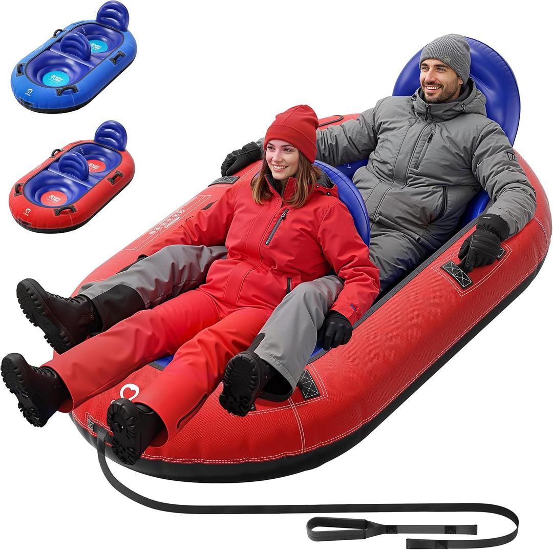 QPAU 2-Person Inflatable Snow Tube with Dual Backrests & Tow Rope, Heavy Duty Canvas-Covered Blow Up Snow Sled with Handles, Fast Inflation Air Valves, Premium Snow Tubes for Kids & Adults