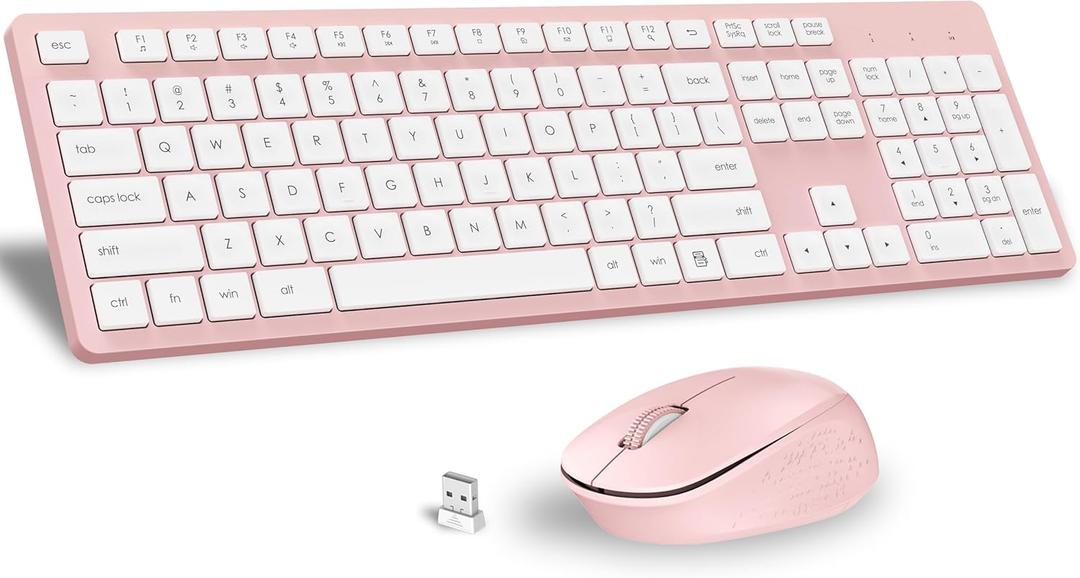 LeadsaiL Pink Wireless Keyboard and Mouse Combo, Full-Sized Ergonomic Computer Keyboard, 2.4GHz Cordless Keyboard Silent Mouse Set with 2-in-1 USB Receiver, 12 FN Shortcuts for Windows Laptop, PC/Mac
