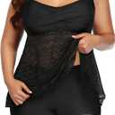 Aqua Eve Women Plus Size Tankini Swimsuit Two Piece Flowy Swimdress Bathing Suits with Shorts (Black Mesh)