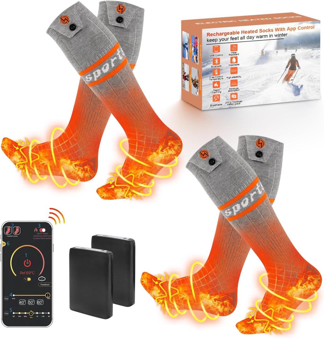 Heated Socks for Men Women APP Control Electric Heating Socks 7000mAh Rechargeable Battery Heate Thermal Socks for Winter Camping Fishing Cycling Skiing Hunting Hiking (6-14 USA Size, Grey 2 Pair Socks(Only 1 Pair Battery))